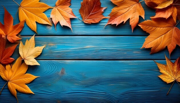 autumn leaves on a rustic wooden blue background - Powered by Adobe