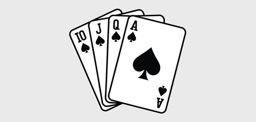 Royal flush playing cards black and white illustration