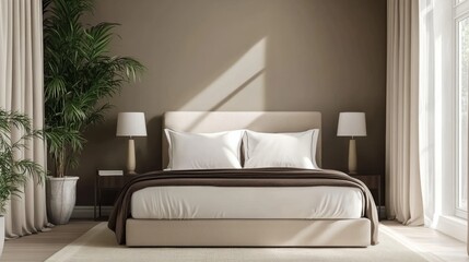 Minimalist Bedroom Design Beige Bed, Natural Light, Plants, Neutral Tones, Interior Design, Bedroom Decor. minimalist bedroom, interior design