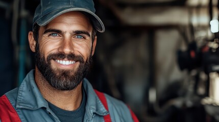 A joyful mechanic with a charming smile stands in a well-lit workshop, embodying enthusiasm, professionalism, and the rewarding nature of hands-on automotive repair work.