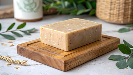 Handmade oatmeal soap bar on wooden tray natural skincare artisan soap organic bath products for sensitive skin
