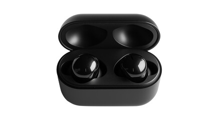 black wireless earbuds and case  with a sleek design, isolated on white background , transparent png 