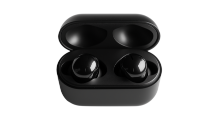 black wireless earbuds and case  with a sleek design, isolated on white background , transparent png 