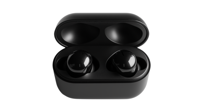 black wireless earbuds and case  with a sleek design, isolated on white background , transparent png 
