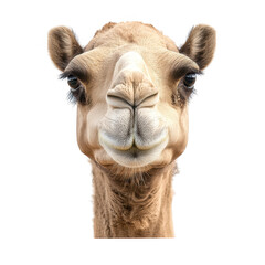 Obraz premium Close up portrait of a dromedary camel head looking at camera isolated on transparent background