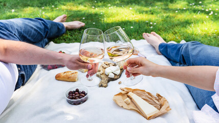Couple drinking rose wine on picnic blanket in park. Celebration. Date. Summer picnic.