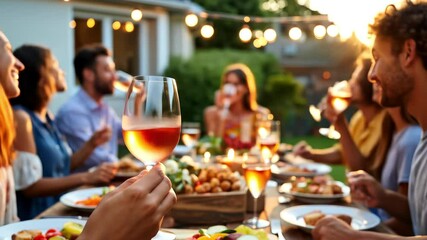 Friends Dining Al Fresco at Sunset: Summer Garden Party with Wine & Food, Outdoor Celebration & Good Times. Lifestyle. 4K Video. - Powered by Adobe