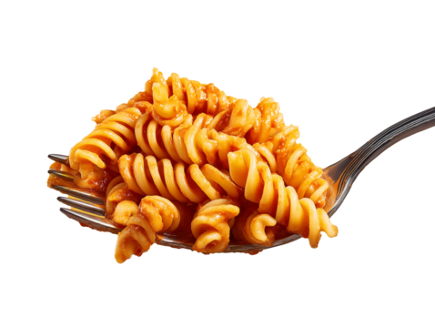 a perfect forkful of fusilli pasta coated in a smooth creamy tomato and mascarpone sauce. Bright vibrant commercial food photography isolated on a Yellow background