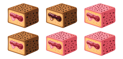 Six delicious chocolate and strawberry filled cube cakes
