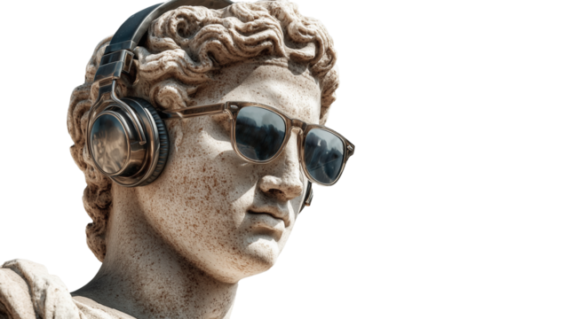 style statue wearing modern sunglasses and headphone