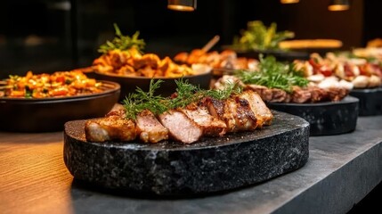 An array of gourmet meats presented on a striking stone platter showcases culinary artistry and invites guests to indulge in a rich and flavorful dining experience.