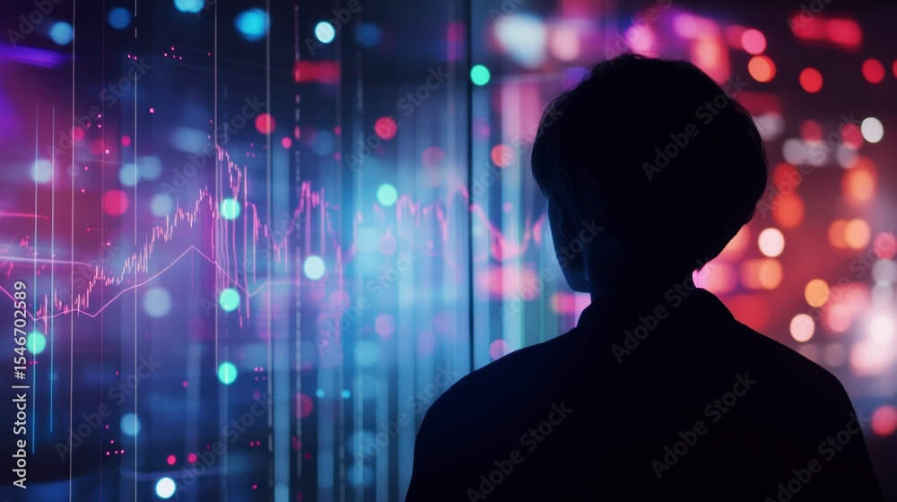 Poster silhouetted person viewing vibrant data visualizations on a large screen, showcasing financial chart
