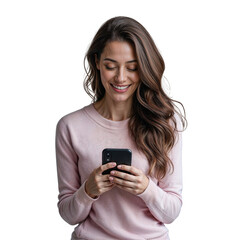 Happy Woman Texting and holding Smartphone isolated on transparent background