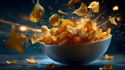 Crispy Golden Potato Chips Flying Out of Bowl in Dramatic Lighting perfect for snack food advertising, product packaging design, fast food branding and cinematic food visuals