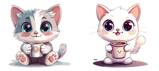 Fototapeta premium Adorable cartoon kitten duo isolated on transparent PNG background perfect for children’s illustrations and pet-themed designs