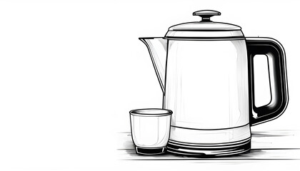Illustration of electric kettle with a cup on white background, modern kitchen kettle with teacup, appliance and cup for boiling water and tea