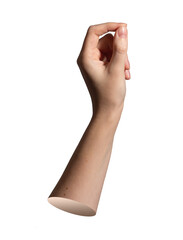 Hand holding and squeezing thin invisible card with curled thumb and index finger in subtle grip