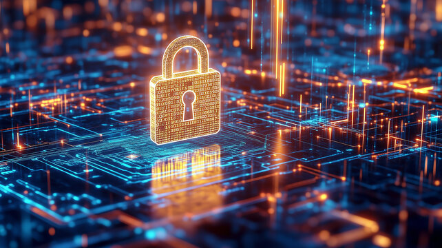Glowing Digital Padlock Securing Data Networks in a Futuristic Cityscape, Illustrating Cyber Defense and Encryption Protection.
