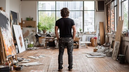A contemplative artist stands in a brightly lit studio filled with colorful artwork and paint splatters, embodying the spirit of creativity and the artistic process.