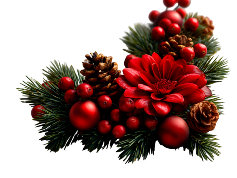 Minimalist corner arrangement with Christmas flowers, pine needles, and berries forming a festive L-shape over white background, isolated to transparent background
