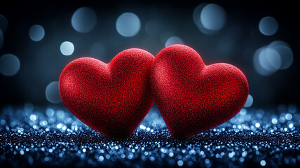 Fototapeta premium Sparkling Twin Red Hearts Resting on a Glamorous Bokeh Surface Celebrating Romantic Love and Valentine’s Magic. 