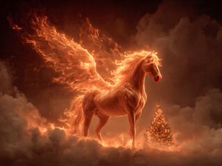 A majestic and mythical fiery horse with glowing wings soars through a dramatic night sky, embodying the spirit of transformation and power