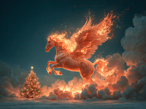 A majestic and mythical fiery horse with glowing wings soars through a dramatic night sky, embodying the spirit of transformation and power