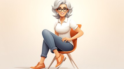 3D Elderly Character Sitting in Orange Chair &ndash; Casual Pose with Glasses and Gray Hair
