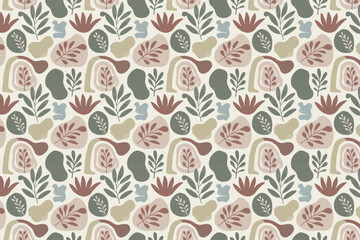 Seamless Nature Pattern with Abstract Leaves and Organic Shapes in Earthy Tones