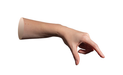Hand holding gesture with thumb and forefinger pinching invisible large object. Female hand showing