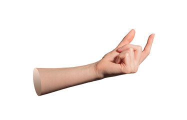 Hand holding small object in precise pinch gesture with thumb and forefinger in side view closeup.