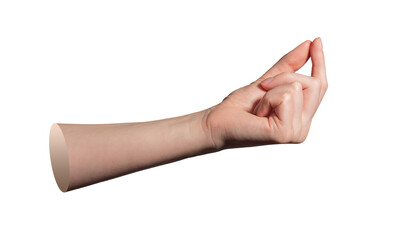 Hand holding tiny object between thumb and forefinger in closeup pinch gesture showing small item