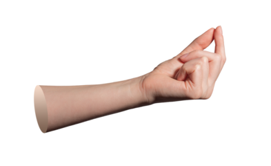 Hand holding tiny object between thumb and forefinger in closeup pinch gesture showing small item