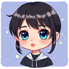 Obraz premium Anime character with short black hair wearing a hoodie on pastel background 