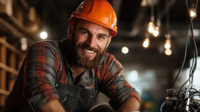 A cheerful worker in a hard hat smiles warmly in a workshop environment, exemplifying happiness and dedication, capturing a moment of positivity in labor and craftsmanship.