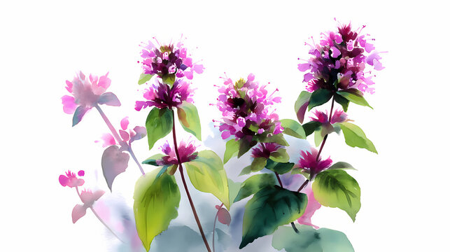 Watercolor Illustration of Marva (Wild Basil) &ndash; Herbal Leaves and Stems on White Background


