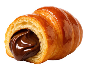Delicious Croissant Filled with Rich Chocolate Cream, Perfectly Baked to Golden Perfection, Isolated on Transparent and White Background