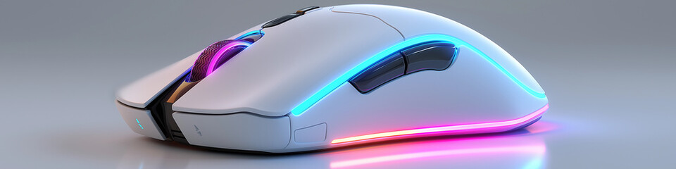 A close up view of a white computer mouse with rgb lighting on a light gray surface showing detail