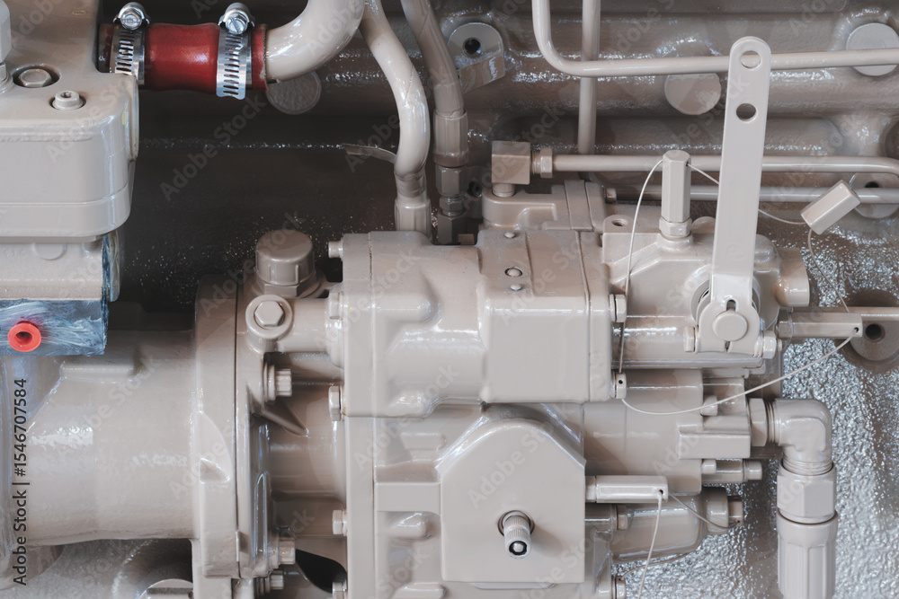 Poster shown is a large engine with many tubes, bolts and various parts. auto service concept background