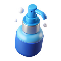 Fototapeta premium High quality 3d rendering of a blue plasticstyle pump bottle dispenser icon solated on transparent background with floating spheres for skincare,beauty,or hygiene products