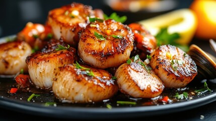 A stunning presentation of perfectly seared scallops garnished with herbs, showcasing exquisite culinary craftsmanship and the essence of gourmet dining.