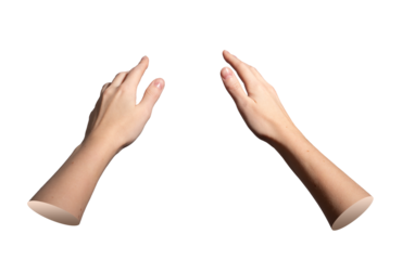 Hands extending forward with open spread fingers and smooth wrists. Pair of female arms outstretched