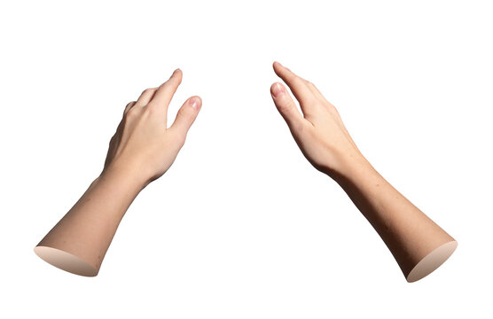 Hands extending forward with open spread fingers and smooth wrists. Pair of female arms outstretched