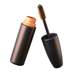 High quality 3d rendering of plasticstyle mascara isolated on transparent background featuring opened bottle and brush with golden bristles for makeup applications and advertising