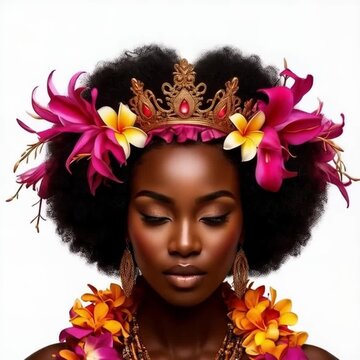 Stunning close-up of beautiful afro girl with radiant smile, golden-hour glow highlighting natural curls with copy space