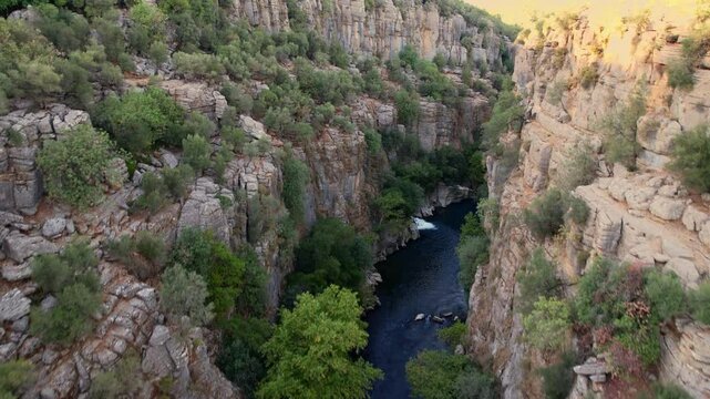 Stone bridge with river from Koprulu Tazi Canyon. Manavgat Antalya Turkey aerial top view.
