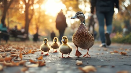 A charming scene of a mother duck leading her fluffy ducklings through a sunlit park, symbolizing family unity and the nurturing bond found in nature's simplicity.