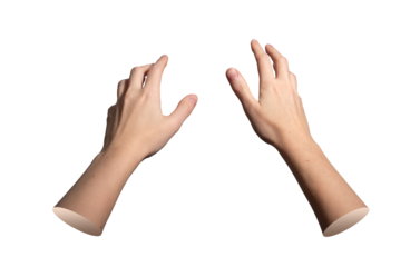 Hands reaching out forward with open spread fingers and smooth wrist. Pair of female arms extending