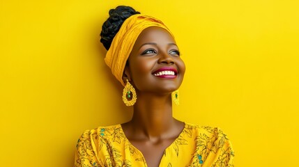 Happy African woman in yellow headwrap and dress against yellow background.