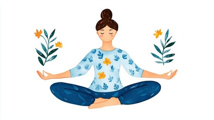A serene woman meditating with flowers, promoting peace and mindfulness in a vibrant, colorful environment.